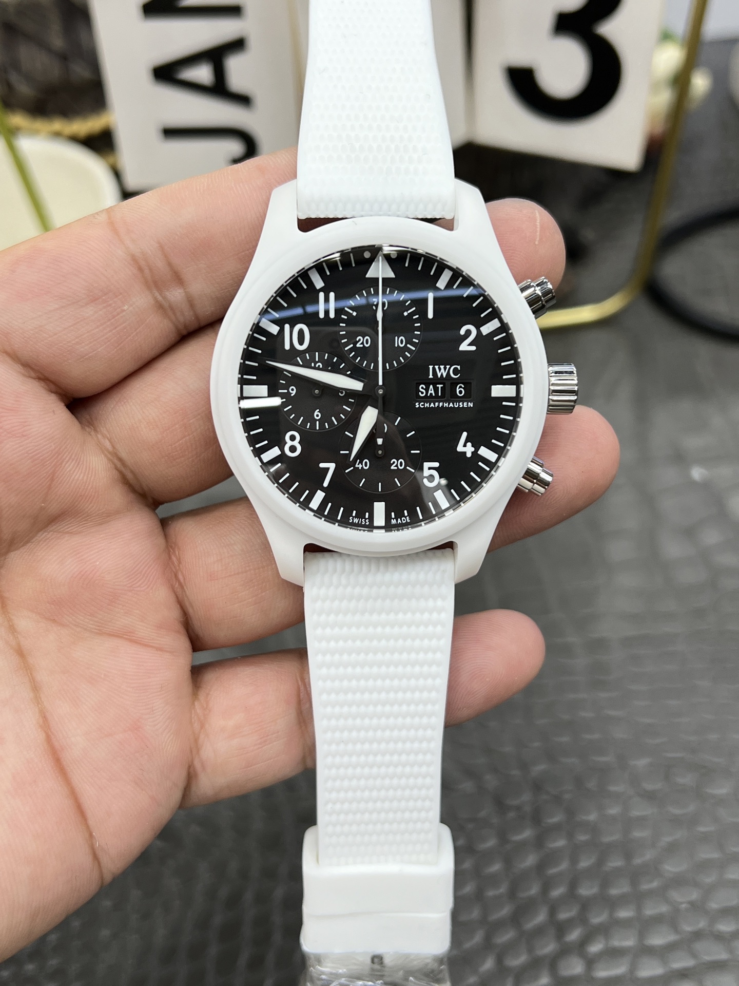 TpsIWC ホワイトセラミックパイロットシリーズ/43mmブラックダイヤル/ダントン7750オートマティッククロノグラフムーブメント搭載